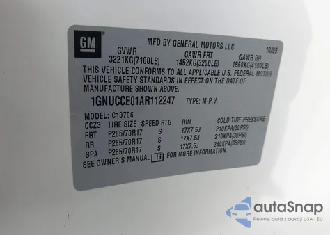 2010 Chevrolet Tahoe Ltz z USA, uszkodzony, nr VIN 1GNUCCE01AR112247